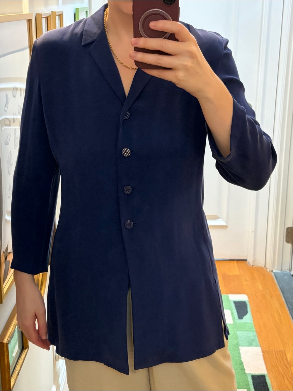 DressBarn Silk Women’s Blue Button-Front Long Blazer Jacket